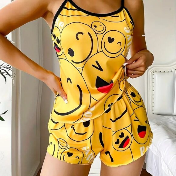 NWT Smiling Face Print Pajama Shorts and Tank Set - Picture 1 of 4